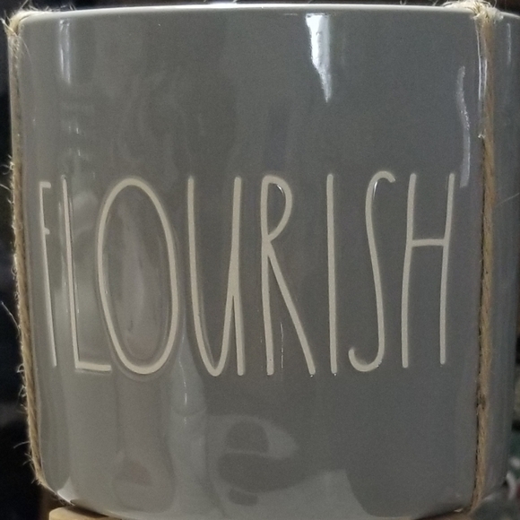 Rae Dunn ceramic Gray FLOURISH 5 1/2" planter with wood stand flower plant - Picture 2 of 5